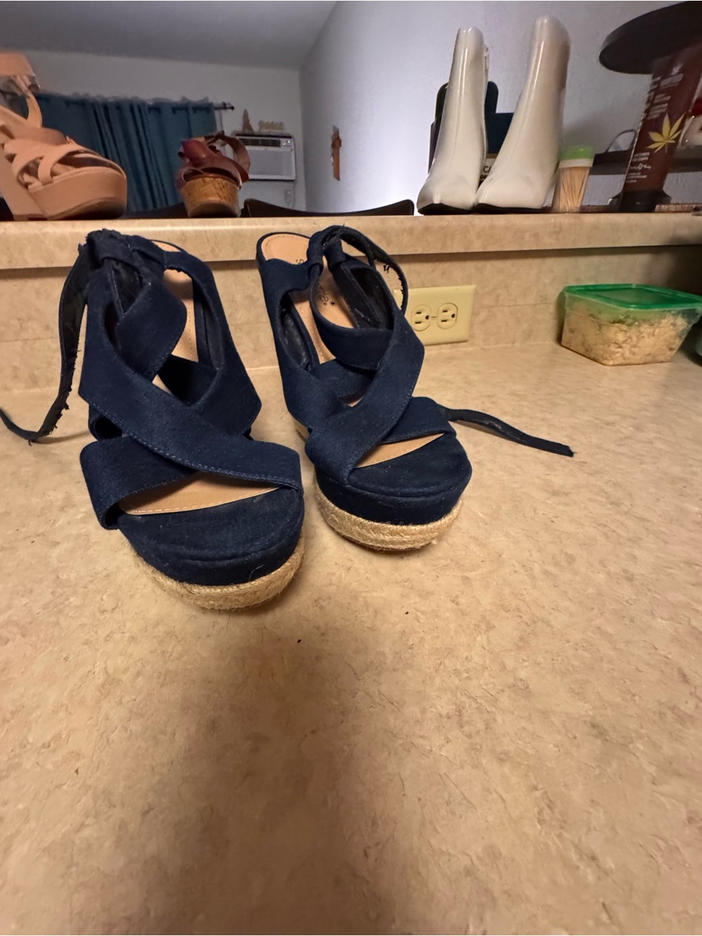 Women’s Navy Espadrille Wedge Sandals with Wrap Straps Size 10